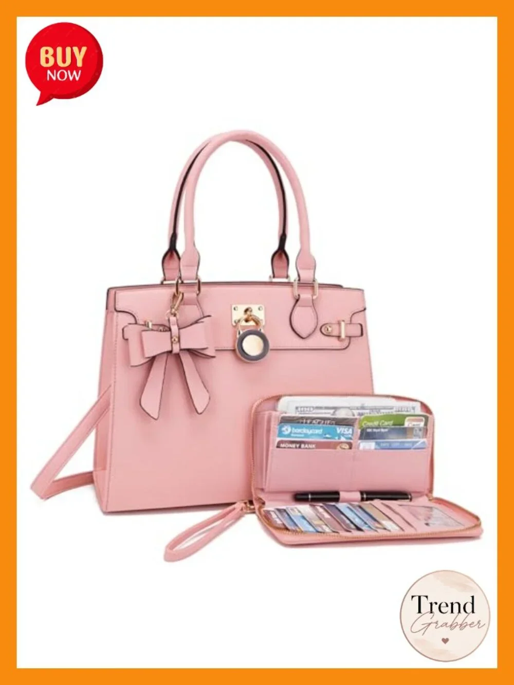 PU Leather Satchel Tote Shoulder Bag With Wallet Clutch Set